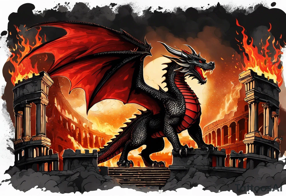 A majestic black and red dragon with shimmer golden scales standing in the burning ruins of a crumbling colosseum with flames and ash around his feet. This dragon depicts power, danger, and awe billowing flames from his mouth into the sky with wings outstretched. Show the dragon standing within the ruined, burning colosseum with crumbling columns on either side tattoo idea