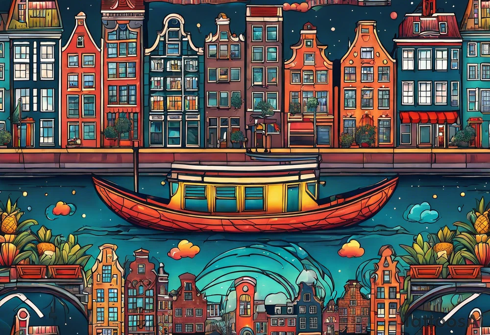 animals and featuring colours of the universe and galaxies feauturing animals and pineapples in amsterdam city featuring Amsterdam buildings and canal made of glass tattoo idea