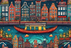 animals and featuring colours of the universe and galaxies feauturing animals and pineapples in amsterdam city featuring Amsterdam buildings and canal made of glass tattoo idea