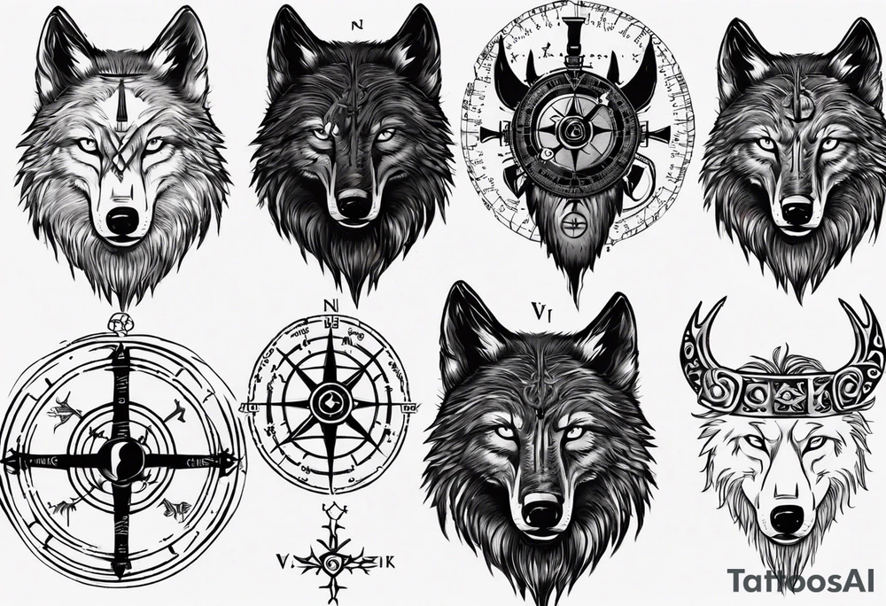 Black wolf with Viking Vegvísir compass on its forehead tattoo idea