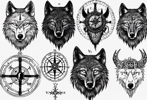 Black wolf with Viking Vegvísir compass on its forehead tattoo idea