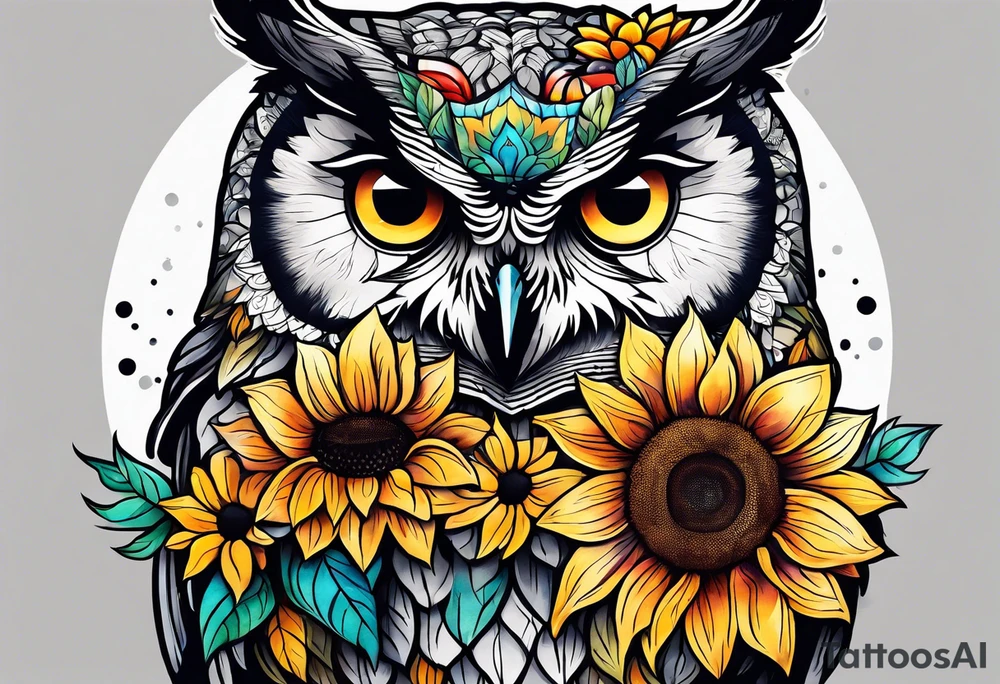 Leg sleeve with colorful sunflowers and an owl tattoo idea