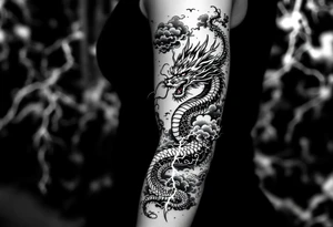 storm clouds and lightning mixed throughout, eastern dragon wrapping around the arm with head at the inside wrist, tattoo idea