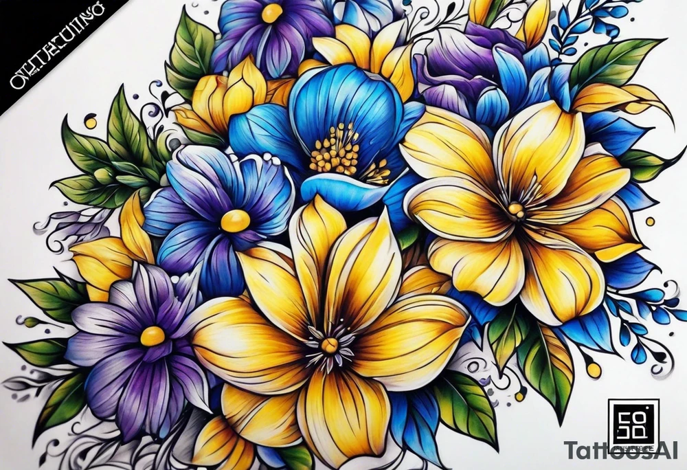 Blue yellow and purple flowers arm sleeve tattoo idea