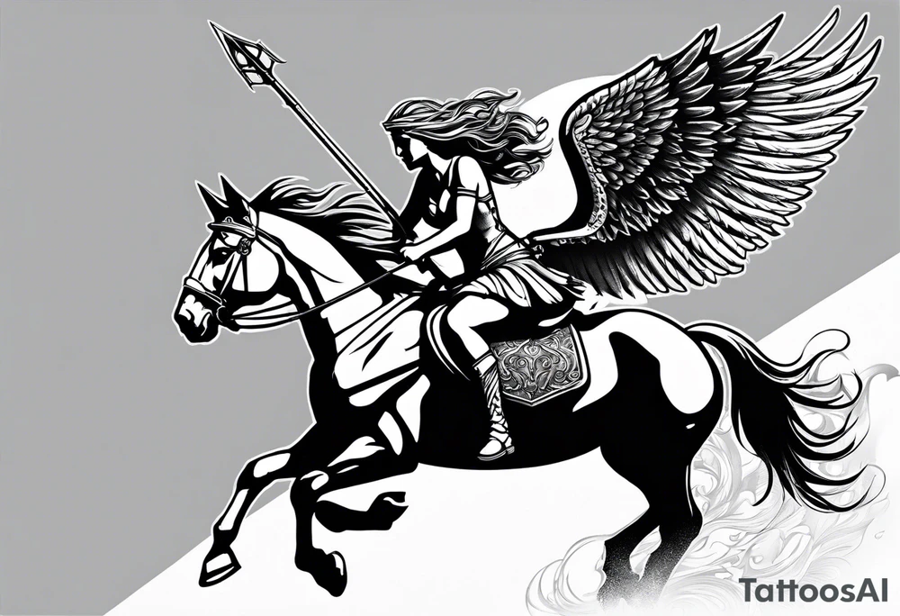 Valkyrie on winged Pegasus, flight, holding spear, looking down tattoo idea Valkyrie on winged Pegasus, flight, holding spear, looking down tattoo idea