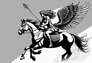 Valkyrie on winged Pegasus, flight, holding spear, looking down tattoo idea
