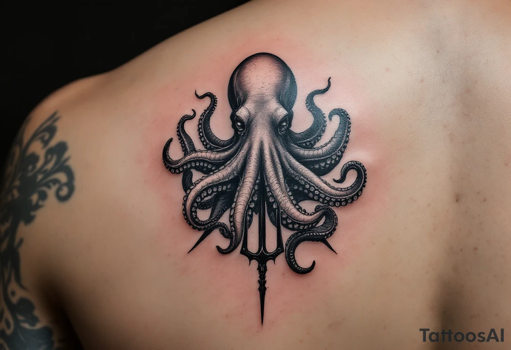 giant octopus around a trident tattoo idea