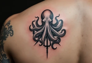 giant octopus around a trident tattoo idea