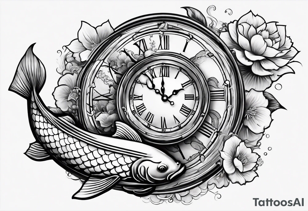 Koi fish and old clock tattoo idea