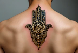 A golden Hamsa with a mesmerizing labyrinth pattern, symbolizing the journey to inner peace. tattoo idea