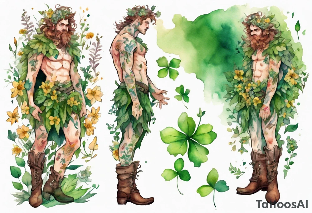 a male dryad covered in flowers wearing a leafy skirt and boots tattoo idea