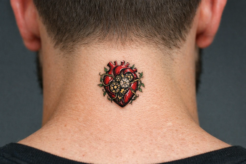 Surreal anatomical heart with exposed clockwork gears, vines entwining the chest. tattoo idea