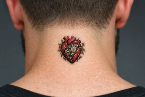 Surreal anatomical heart with exposed clockwork gears, vines entwining the chest. tattoo idea