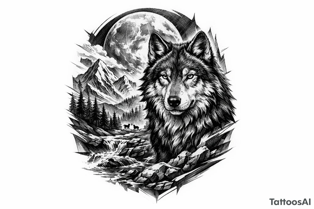 a wolf, landscape,full moon. tattoo idea