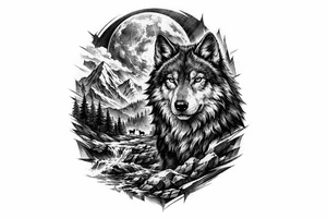 a wolf, landscape,full moon. tattoo idea