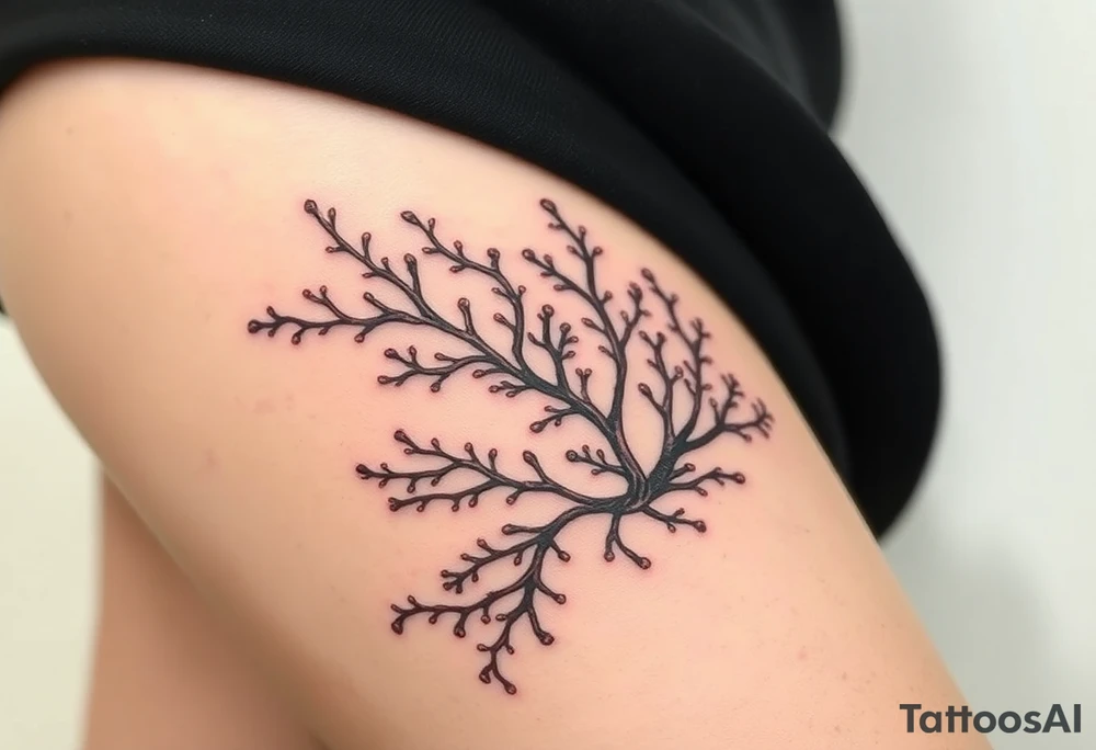 Photorealistic tattoo design of Asparagopsis taxiformis red algae, detailed texture, natural branching pattern, underwater appearance, suitable for calf placement, flowing upward” tattoo idea
