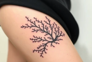 Photorealistic tattoo design of Asparagopsis taxiformis red algae, detailed texture, natural branching pattern, underwater appearance, suitable for calf placement, flowing upward” tattoo idea