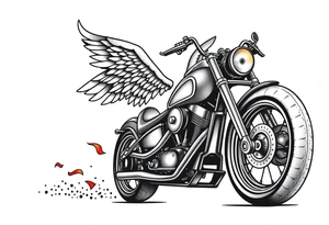 Low rider grey motorcycle, big muffler pipes with flames, angel wings, driving away, no person tattoo idea