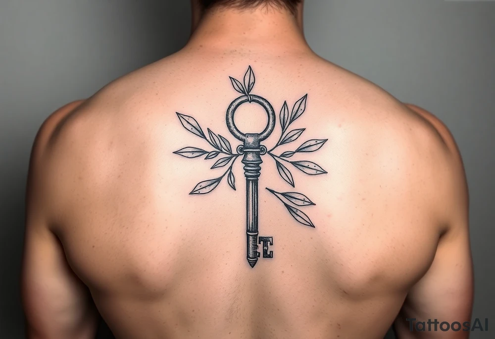 A metal key wrapped in olive leaves tattoo idea