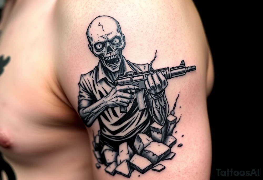 Zombie holding a shotgun, emerging from cracked earth, dark realism style. tattoo idea