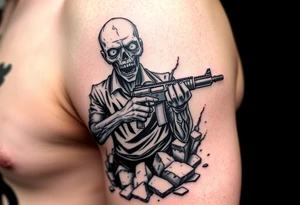 Zombie holding a shotgun, emerging from cracked earth, dark realism style. tattoo idea