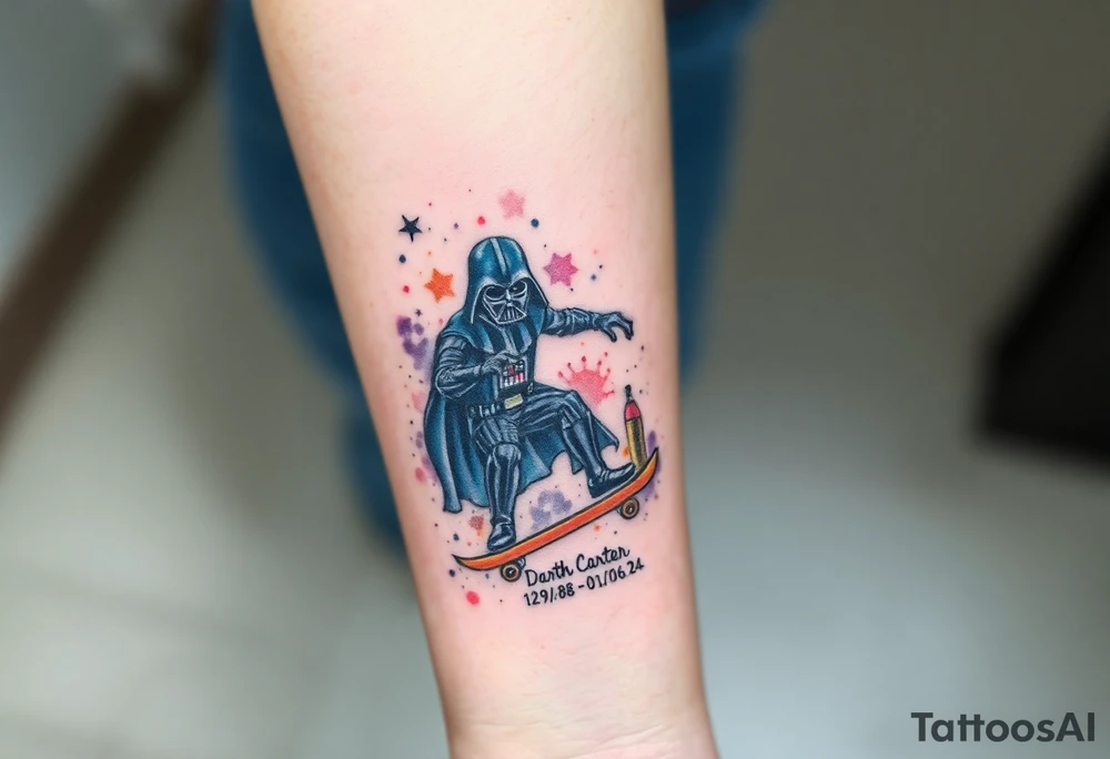 Darth Vader skateboarding > bullets > in loving memory > colors
add words "Darth Carter" to skateboard
add date 12/29/88-01/06/24 tattoo idea