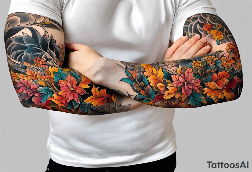 Arm Sleeve Tattoo with fall colors flat tattoo idea