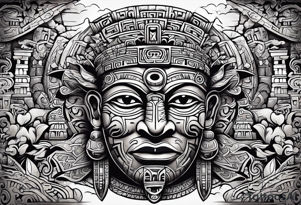Mayan hieroglyph face with caves and bats tattoo idea