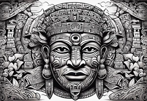 Mayan hieroglyph face with caves and bats tattoo idea