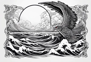 A falling angel in the sea with the sun and all related to an asiatic culture and the anime Tokyo Ghoul tattoo idea