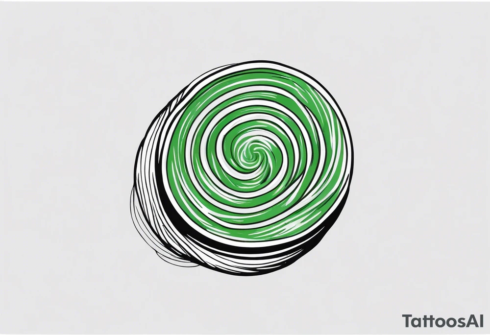 a small round candy in a twist wrapper. green and white swirl tattoo idea