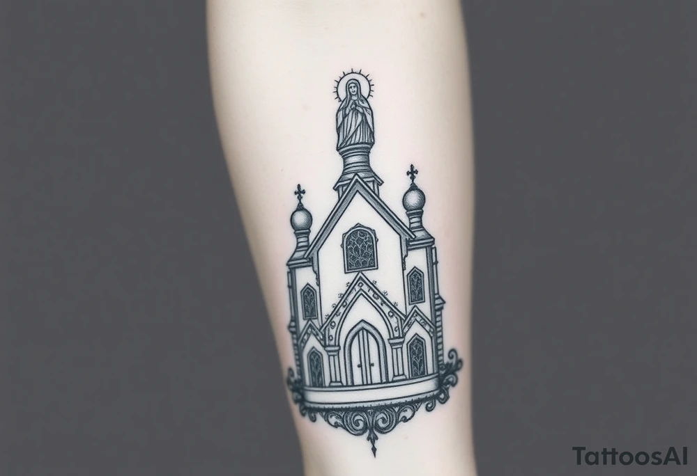 in a dorsal view a detailed orthodox church with a band at the front shrouded with a mist above and fading into a virgin mary overlooking above at the top tattoo idea
