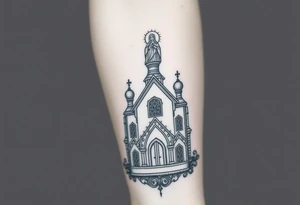 in a dorsal view a detailed orthodox church with a band at the front shrouded with a mist above and fading into a virgin mary overlooking above at the top tattoo idea