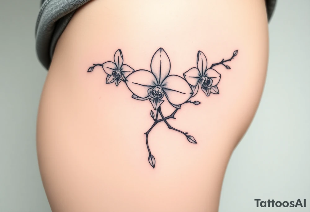 3 delicate fine line orchids realistic with a mix with vagina and branching tattoo idea