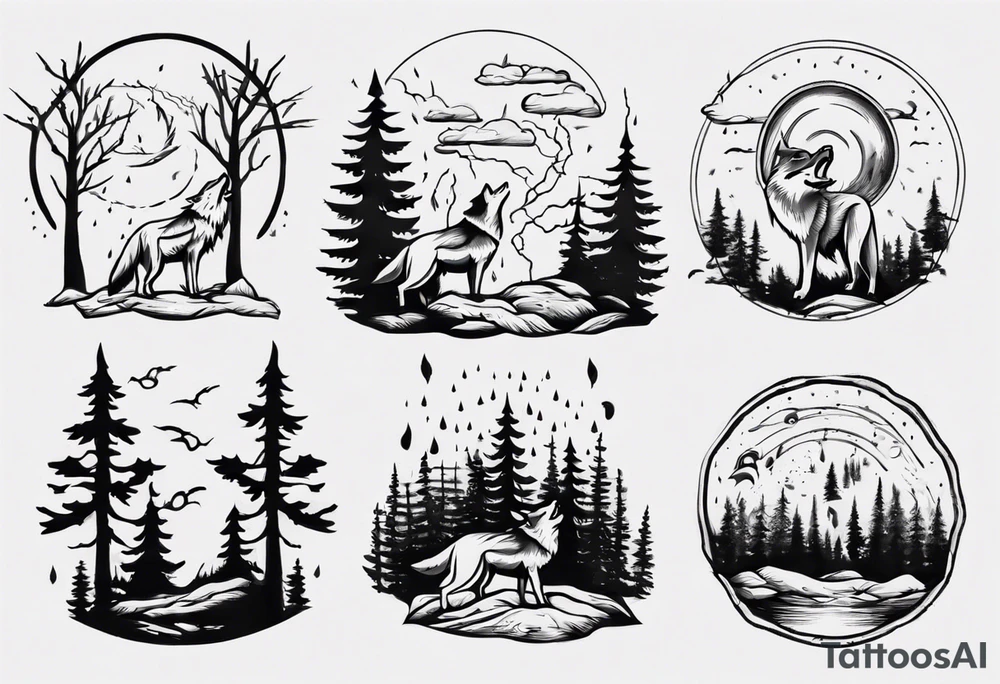 thunderstorm over a forest with a wolf howling on drums tattoo idea thunderstorm over a forest with a wolf howling on drums tattoo idea
