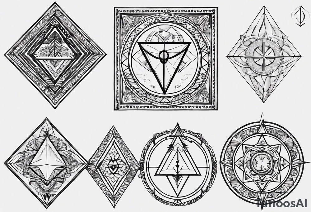 Fine line tattoo that will have three simple filled in shapes placed in a triangle formation. The top shape will be a geometric heart that symbolizes health. The bottom left will have a compass rose as a symbol for purpose. The bottom right will have three circles placed in a triangle formation to symbolize family. Tattoo should be minimalist with just the shapes filled in and no ornaments tattoo idea
