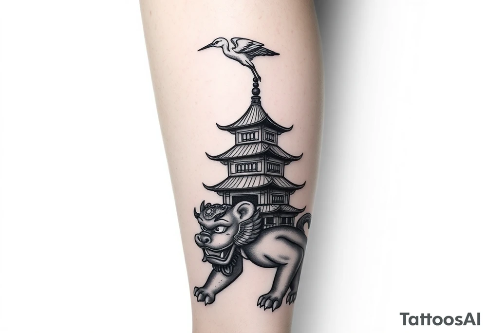 black and gray realism tattoo design for a full leg sleeve with chinese foo dog at the bottom, chinese pagoda on the calf and a chinese crane above the pagoda tattoo idea