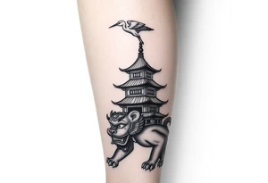 black and gray realism tattoo design for a full leg sleeve with chinese foo dog at the bottom, chinese pagoda on the calf and a chinese crane above the pagoda tattoo idea