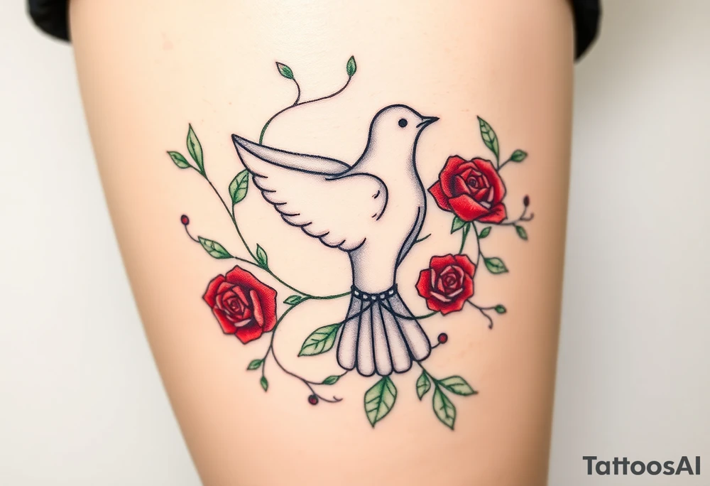 A collared dove surrounded by swirling vines and roses, with the dove in light gray and soft white, and the vines in green with hints of deep red for the roses tattoo idea