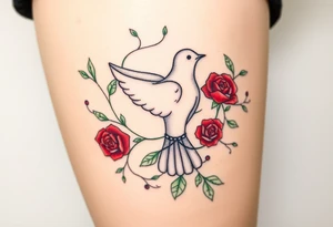 A collared dove surrounded by swirling vines and roses, with the dove in light gray and soft white, and the vines in green with hints of deep red for the roses tattoo idea