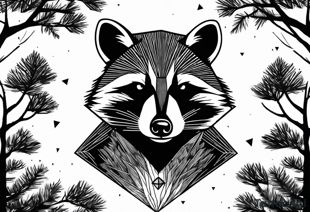 Vertical portrait of raccoon with trees in background shaped like a diamond tattoo idea