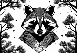 Vertical portrait of raccoon with trees in background shaped like a diamond tattoo idea
