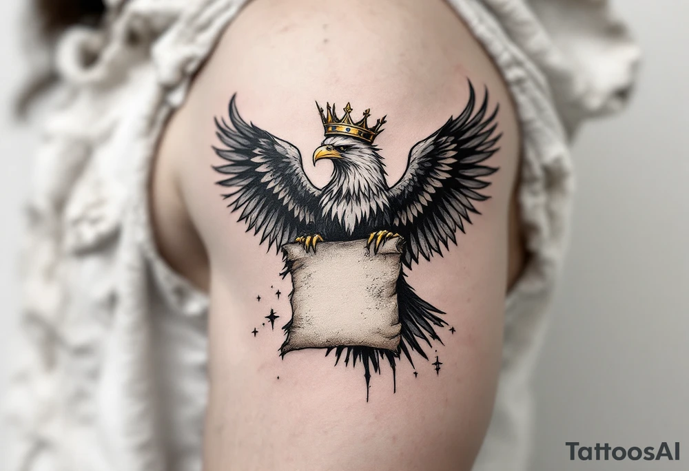 The eagle with golden crown gripping an ancient parchment slightly burnt, giving it an aged and mystical appearance. tattoo idea