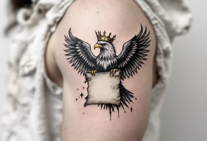 The eagle with golden crown gripping an ancient parchment slightly burnt, giving it an aged and mystical appearance. tattoo idea