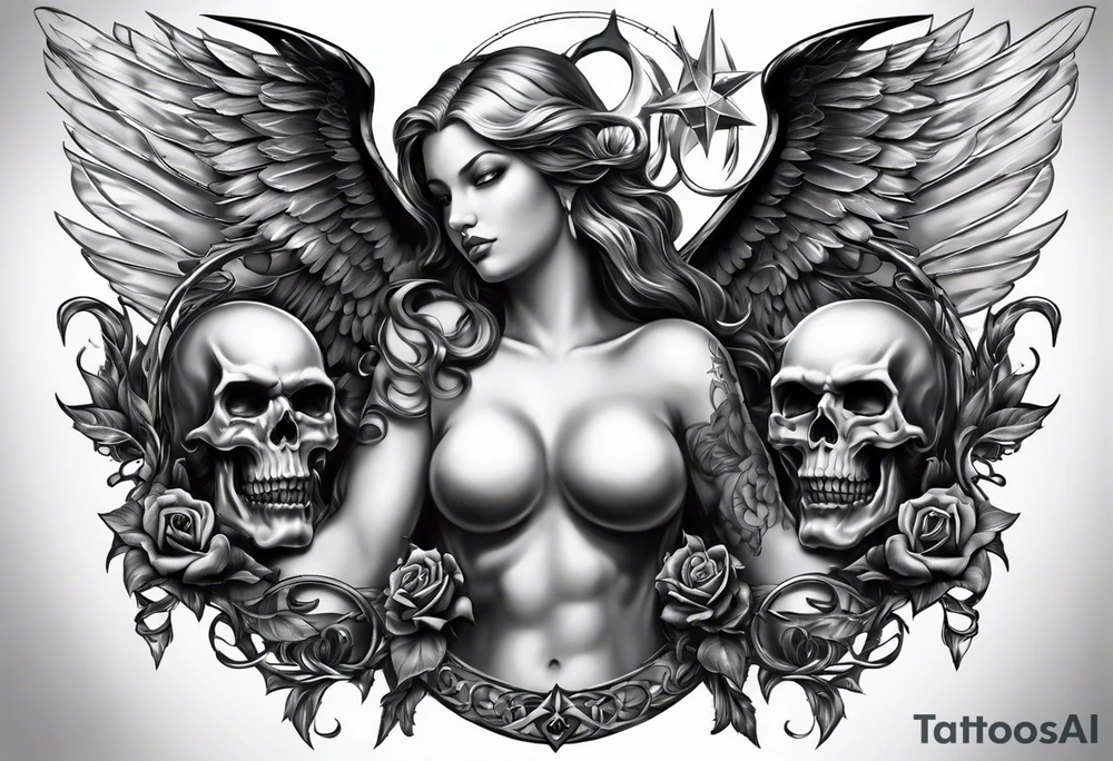 Good vs evil chest piece. baby angel and devils tattoo idea