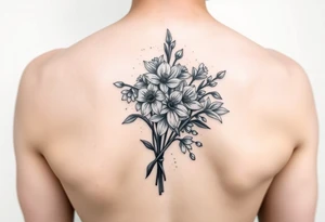 small bit of color, bouquet of daffodils, daisies, lily of the valley on woman upper arm tattoo idea