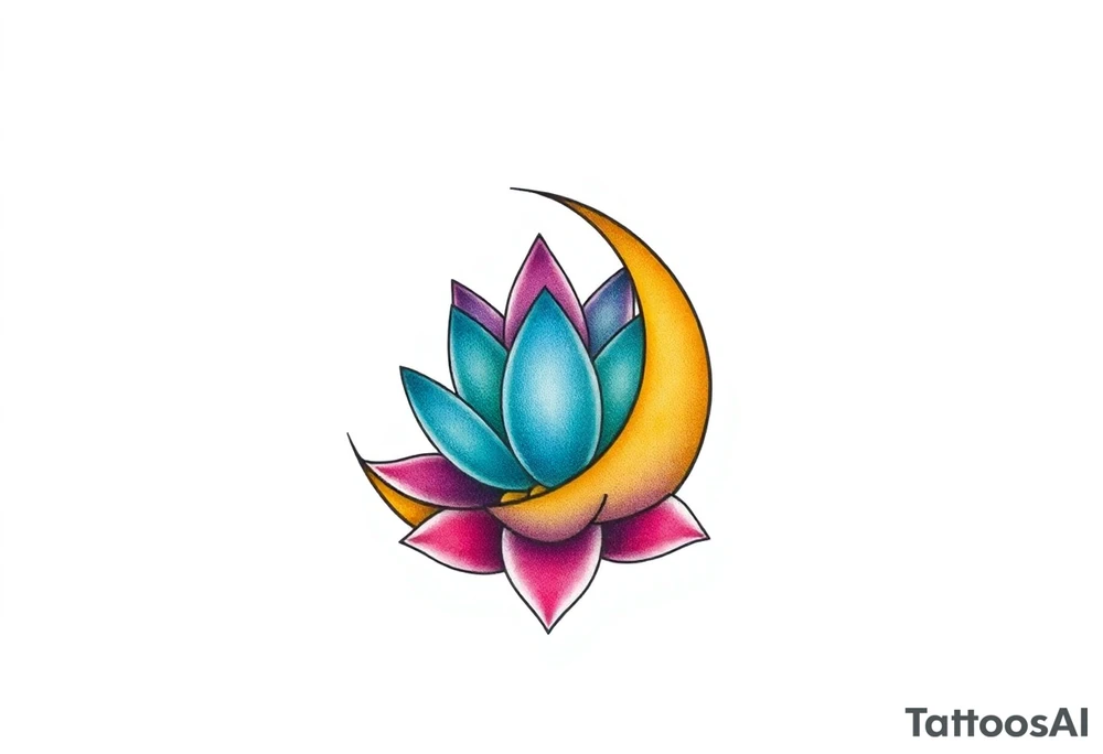small colorful crescent moon with lotus flower tattoo idea