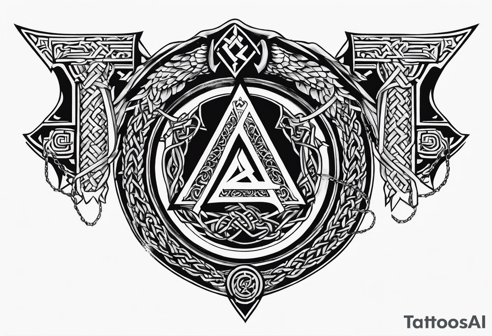 Valhalla sword shield dragon axe Valknut barbed wire chains tattoo idea Valhalla sword shield dragon axe Valknut barbed wire chains tattoo idea