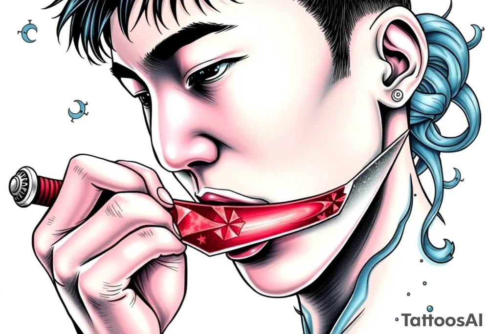 Handsome Asian young guy is licking a ritual knife tattoo idea