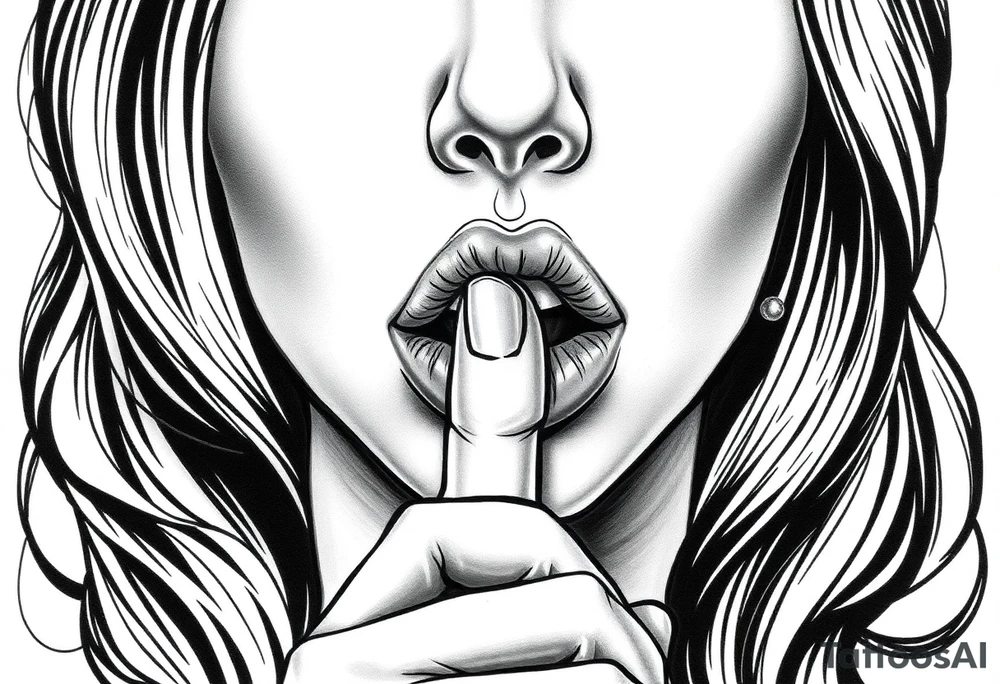 realistic portrait of sexualised woman with her finger to her lips. Must say: Loose lips sink ships tattoo idea